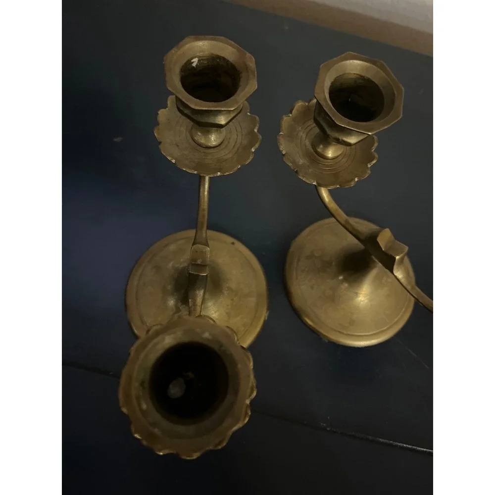 Vintage Brass‎ Candelabra Pair Ornate Floral Embossed China